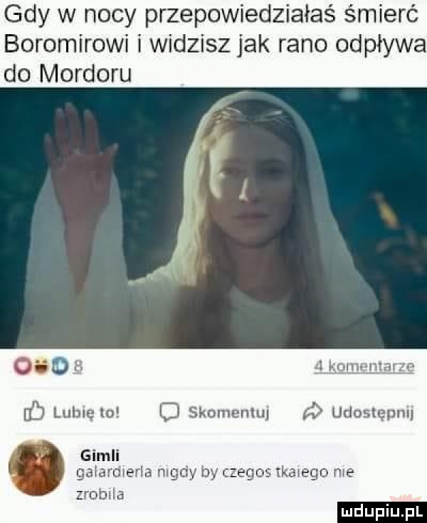 gdy w nocy przepowiedziałaś śmierć boromirowi i widzisz jak rano odpływa do mordoru      hd lubie to d skomentuj   udostępnij gidli gaiardieria nigdy by zetos ikamgo nie zrobiła