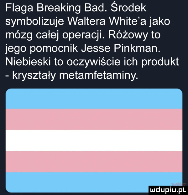 flaga breaking bad. środek symbolizuje waltera white a jako mózg całej operacji. różowy to jego pomocnik jesse pinkman. niebieski to oczywiście ich produkt kryształy metamfetaminy. mdupiﬁpl