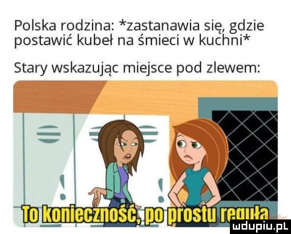 polska rodzina zastanawia się gdzie postawić kubeł na śmieci w kuchni stary wskazując miejsce pod zlewem  . vb q a io mecznosc u no prestu renoma lu uplu pl