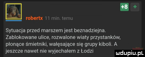 robert ii mw m m sytuacja przed marszem jest beznadziejna. zablokowane ulice rozwalone wiaty przystanków płonące śmietniki wałęsające się grupy kiboli. a jeszcze nawet nie wyjechałem z łodzi