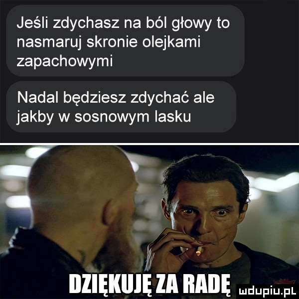 jeśli zdychasz na ból głowy to nasmaruj skronie olejkami zapachowymi nadal będziesz zdychać ale jakby w sosnowym ińsku    ś dziękuję za radę mmm