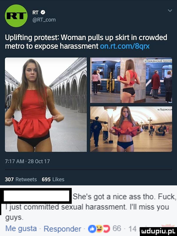 uplifting protest wiman pulls up shirt in crowded metro to expose harassment on rt com  qrx      am    oit        retweets     limes sie s gm a mae abs tee funk just commune sexual harassment i h mess y-u grys