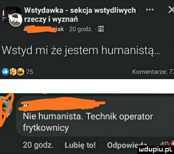 i wstydawka sekcja wstydliwych v rzeczy i wyznań ﬂak    godz h wstyd mi żejestem humanistą.       komemar e  . nie humanista. technik operator frytkownicy     dz. lunięto odpowieaeupiśhll