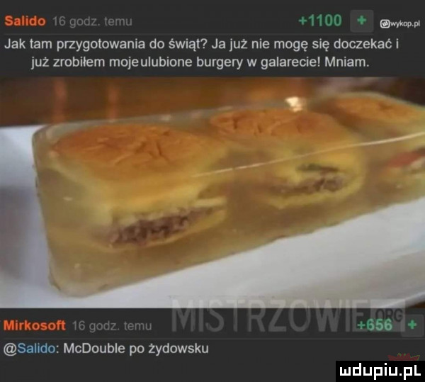 hao wu jak tam przyholowania do świąt ja już nie mogę się doczekać i juz zrobiłem moje ulubione burgery w galarecie mniam.      salado mcdoubie po zydowsku