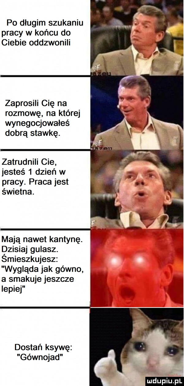 po dlugim szukaniu pracy w końcu do ciebie oddzwonili zaprosili cię na rozmowę na której wynegocjowałeś dobrą stawkę. zatrudnili cie jesteś   dzień w pracy. praca jest świetna. mają nawet kantynę. dzisiaj gulasz. smieszkujesz wygląda jak gówno a smakuje jeszcze lepiej dostań ksywę gównojad ludu iu. l