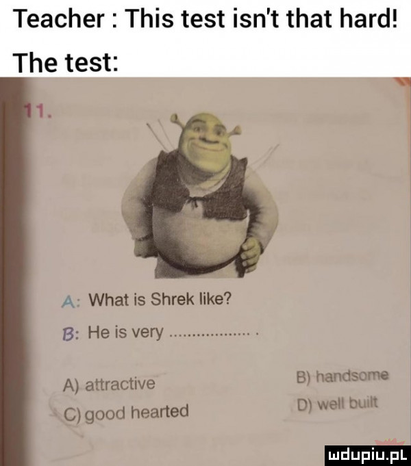 a wiat is shrek like b he is vary a attractive c geod heaned b handsome d will bum