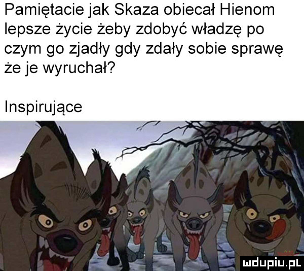 pamiętacie jak skaza obiecał hienom lepsze życie żeby zdobyć władzę po czym go zjadły gdy zdały sobie sprawę że je wyruchał inspirujące vi mdupiupł