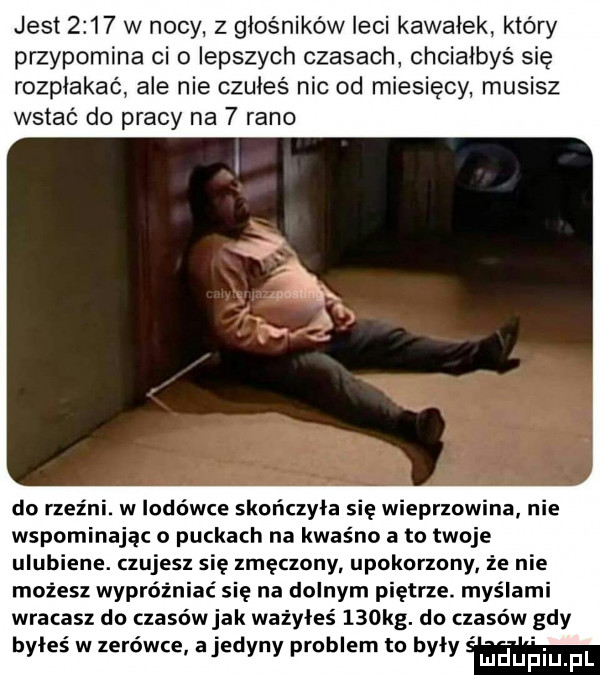 jest      w nocy z głośników leci kawałek który przypomina ci o lepszych czasach chciałbyś się rozpłakać ale nie czułeś nic od miesięcy musisz wstac do pracy na   rano do rzeźni. w lodówce skończyła się wieprzowina nie wspominając o puckach na kwaśno a to twoje ulubiane. czujesz się zmęczony upokorzony że nie możesz wypróżniać się na dolnym piętrze. myślami wracasz do czasówjak ważyłes    kg. do czasów gdy byłeś w zerówce ajedyny problem to były