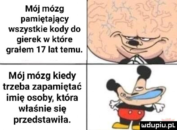 mój mózg pamiętający wszystkie kody do gierek w które grałem    lat temu. mój mózg kiedy trzeba zapamiętać imię osoby która właśnie się przedstawiła