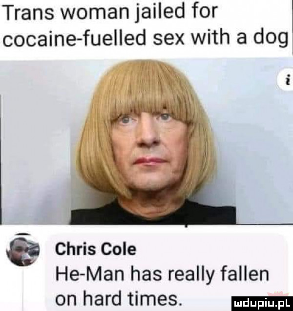 trans wiman jailed for cocagne fuelled sex with a dog chris cole he man has realny fallen on hord times