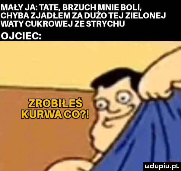 mały jaztate brzuch mnie boli chyba zjadłem za dużo tej zielonej waty cukrowej ze strychu ojciec zrobiłeś. kurwa co