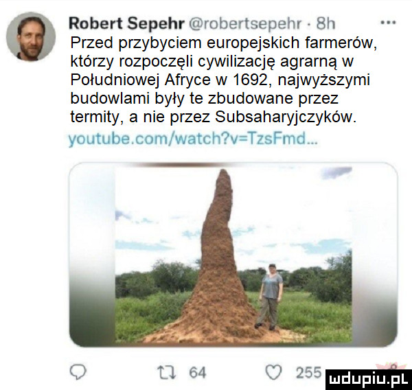 robert sepehr roberlsepehn  h przed przybyciem europejskich farmerów którzy rozpoczęli cywilizację agrarna w południowej afryce w      najwyższymi budowlami byly te zbudowane przez termity a nie przez subsaharyjczyków. youtube com wajch v tstmd o u       mm