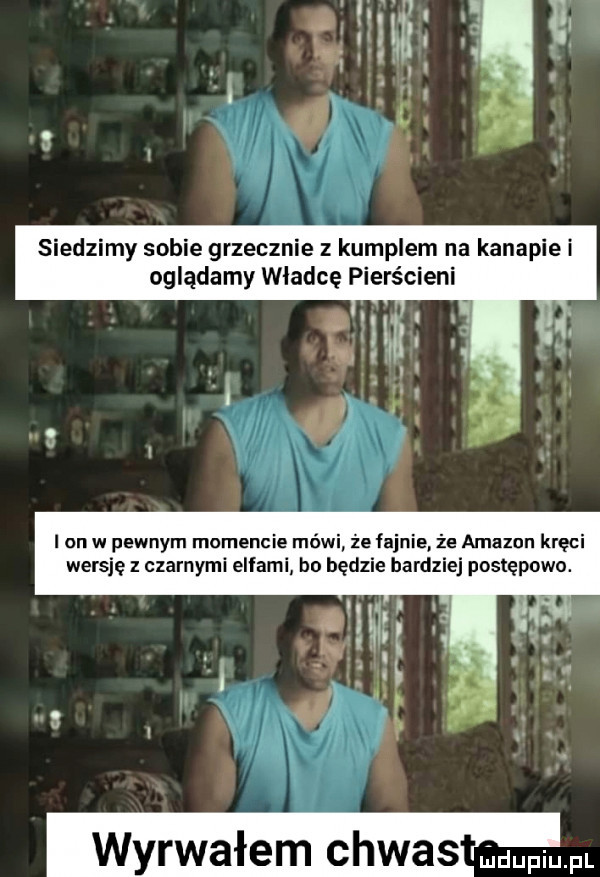 siedzimy sobie grzecznie kumplem na kanapie i oglądamy władcę pierścieni i on w pewnym momencie mówi że fajnie że amazon kręci wersję z czarnymi elfami ho będzie bardziej postępowo. wyrwałem was mnpm