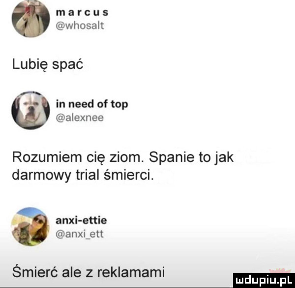 m a r c u s whosalt lubię spać in nerd of op alexnee rozumiem cię ziom. spanie to jak darmowy trial śmierci. anki etnie anxiiett śmierć ale z reklamami