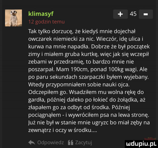 klimasyf       godzin emu tak tylko dorzucę że kiedyś mnie dojechał owczarek niemiecki za nic wieczór idę ulica i kurwa na mnie napadła. dobrze że był początek zimki miałem gruba kurtkę więcjak się wczepił zebami w przedramię to bardzo mnie nie poszarpał. mam    cm ponad    kg wagi. ale po paru sekundach szarpaczki byłem wyjebany. wtedy przypomniałem sobie nauki ojca. odczepiłem go. wsadziłem mu wolna rękę do gardła później daleko po łokieć do żołądka aż złapałem go za odbyt od środka. później pociągnąłem i wywróciłem psa na lewa stronę. już nie był w stanie mnie ugryzc bo miał zęby na zewnątrz i oczy w środku