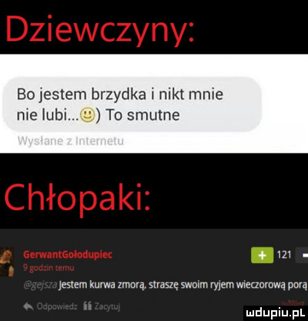 bo jestem brzydka i nikt mnie nie lubi.     jestem kurwa zmorą straszę swoim ryjem wieczorową porą