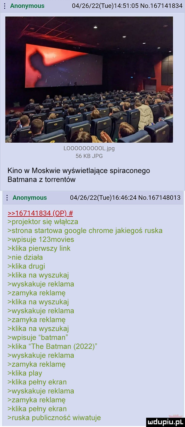 anonymous          tee          no           loooooooom ug    kbjpg kino w moskwie wyświetlające spiraconego batmana z torrentów   anonymous o        tee          no                     o p