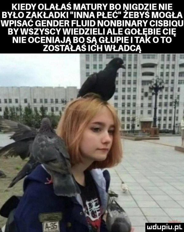 kiedy olałas matury b  nigdzie nie było zakładki inna piec zebys mogła wpisac gender fluid nonbinary cisbiqu by wszyscy wiedzieli ale gołębie cię nie oceniają bo są głupie i tak   to zostałaś ich władc aj