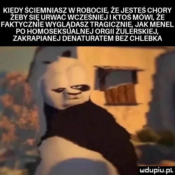 kiedy sciemniasz w robocie ze jestes chory zeby się urwac wczesniej i ktos mowi ze faktycznie wyglądasz tragicznie jak menel po homoseksualnej orgii żulerskiej zakrapian ej denaturatem bez chlebk a