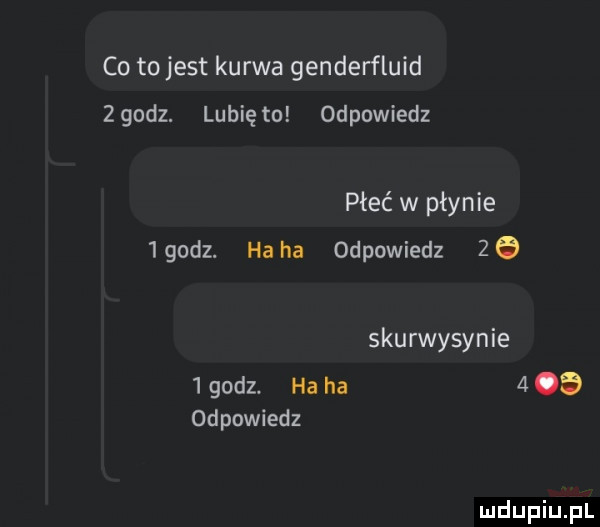 co to jest kurwa genderfluid   godz. lubię to odpowiedz płeć w płynie   godz. ha ha odpowiedz   skurwysynie   godz. ha ha     odpowiedz