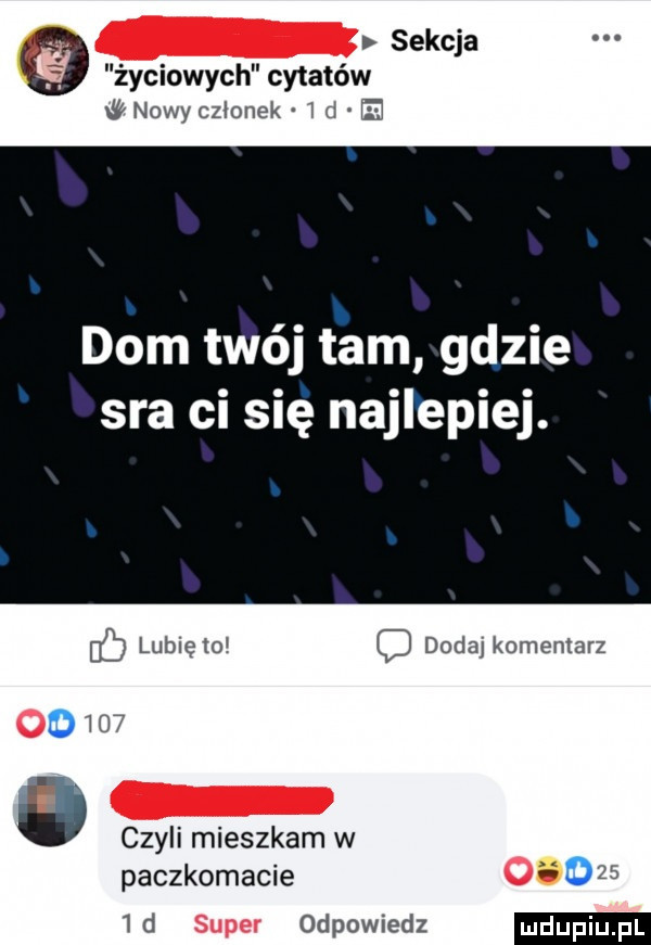 sekcja życiowych cytatów w nowy czlonek   d dom twój tam gdzie sra ci się najlepiej. ib lubleto c dodaj komentarz obu czyli mieszkam w paczkomacie  d super odpowiedz