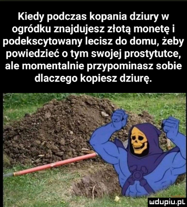 kiedy podczas kopania dziury w ogródku znajdujesz złotą monetę i podekscytowany lecisz do domu żeby powiedzieć o tym swojej prostytutce ale momentalnie przypominasz sobie dlaczego kopiesz dziurę. jł