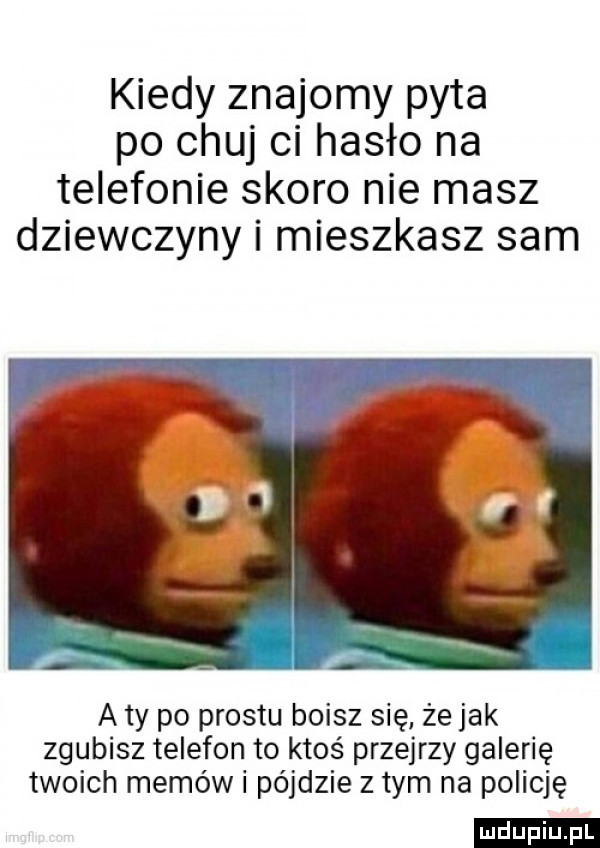 kiedy znajomy pyta po chuj ci hasło na telefonie skoro nie masz dziewczyny i mieszkasz sam a ty po prestu boisz się że jak zgubisz telefon to ktoś przejrzy galerię twoich memów i pójdzie złym na policję ludu iu. l