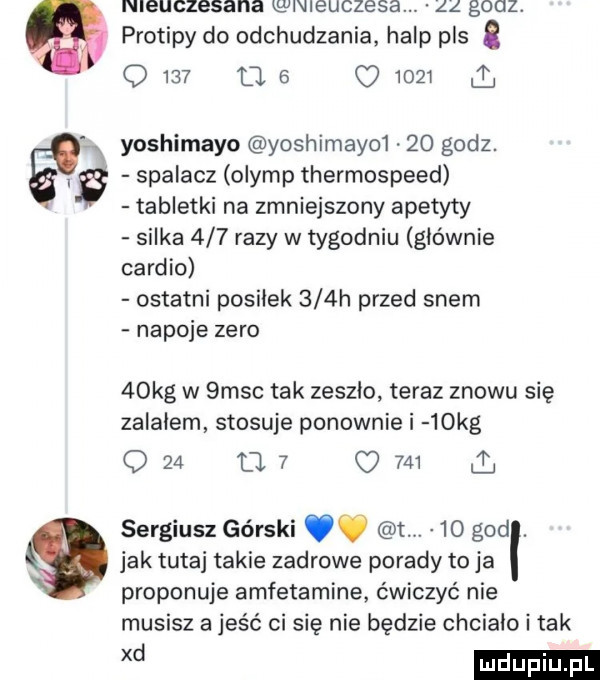 nieuczesana nieuczesa. aa gruz. protipy do odchudzania help pas a q     tj   qq      yoshimayo yoshimayo     godz. spalacz olimp thermospeed tabletki na zmniejszony apetyty silka     razy w tygodniu glownie cardio ostatni posilek    h przed snem napoje zero   kg w  m-c tak zeszlo teraz znowu się zalalem stosuje ponownie i   kg q    fl   o     i jak tutaj takie zadrowe porady to ja proponuje amfetaminę ćwiczyć nie musisz a jeść ci się nie będzie chcialo i tak xd sergiusz górski t.    gad