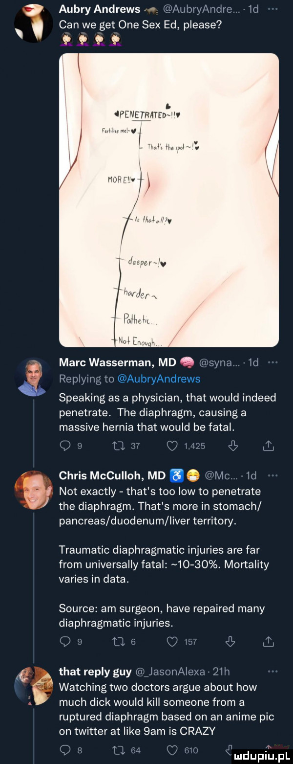 aubryandrews qualbh ahcme wc cen we get one sex ed please   q  . penmrtedj v mr v. marc wasserman md   rsyrn id. replying to auljryamliews speaking as a physician trat would indeed penetrate. tee diaphragm causing a massive hernia trat would be fatal. tąp jl v l not exactly trat s tao low to penetrate e lap ragm a smoreins omac th d h th t t h pancreas duodenum liber territory.   chris mcculloh md   mc w traumatic diaphragmatic injuries are far from universally fatal      . mortality varies in data. source am surgeon hace repaired many diaphragmatic injuries. trat repry gay gnaw lam   h watching tao doctors argue abort hiw much dick would kall someone from a ruptured diaphragm based on an anime pic on twitter at like sam is crapy igmdupiupl