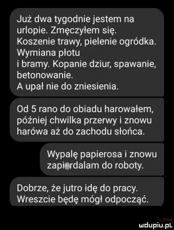 już dwa tygodniejestem na urlopie. zmęczyłem się. koszenie trawy pielenie ogródka. wymiana płotu i bramy. kopanie dziur spawanie betonowanie. a upał nie do zniesienia. od   rano do obiadu harowałem później chwilka przerwy i znowu harówa aż do zachodu słońca. wypalę papierosa i znowu zapierdalam do roboty. dobrze żejutro idę do pracy. wreszcie będę mógł odpocząć