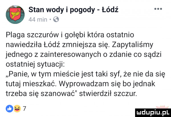 stan wody i pogody lódź      mm plaga szczurów i gołębi która ostatnio nawiedziła łódź zmniejsza się zapytaliśmy jednego z zainteresowanych o zdanie co sądzi ostatniej sytuacji panie w tym mieście jest taki syf ze nie da się tutaj mieszkać. wyprowadzam się bo jednak trzeba się szanować stwierdził szczur