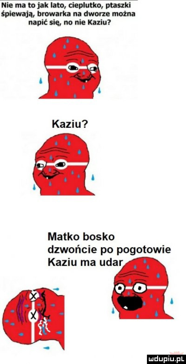 le ma co jak labo cieplutko ptaszki śpiewają browarka na dworze można napić się no nie kaziu matko bosko dzwońcie po pogotowie kaziu ma udar ludu iu. l