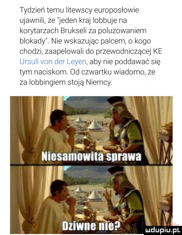 tydzień temu iitewscy eur ujawnili że jeden kraj iobbuje na korytarzach brukseli za poluzowaniem blokady nie wskazujac palcem kogo chodzi zaapelowali do przewodniczącej ke aby nie poddawać się tym naciskom. od czwartku wiadomo ze za iobbingiem stoją niemcy. i iiziwiig iiib