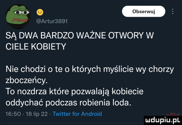 o w artur     są dwa bardzo ważne otwory w ciele kobiety nie chodzi o te o których myślicie wy chorzy zboczeńcy. to nozdrza które pozwalają kobiecie oddychać podczas robienia irda.          hp    twitter for android mduplu pl