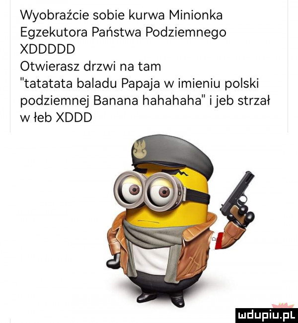 wyobraźcie sobie kurwa minionka egzekutora państwa podziemnego xddddd otwierasz drzwi na tam tatatata balaku papaja w imieniu polski podziemnej banana hahahaha ijeb strzał w łeb xddd