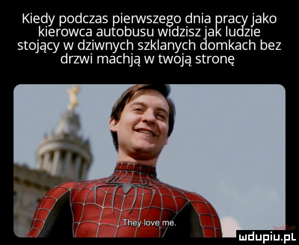 kiedy podczas pierwszego dnia ęrac jako kierowca autobusu wadzisz a iu zle stojący w dziwnych szklanych ojkach bez drzwi macają w twoją stronę. f. abakankami theylove me