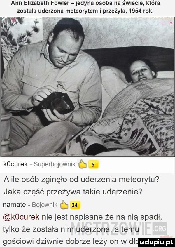 ann elizabeth fowler jedyna osoba na świecie która zostala uderzona meteorytem i przeżyła      rak kocurek superboyownik     a ile osób zginęło od uderzenia meteorytu jaka część przeżywa takie uderzenie namyte bobownik    kocurek nie jest napisane że na nią spadł tylko że została nim uderzona a temu gościowi dziwnie dobrze leży on w dł