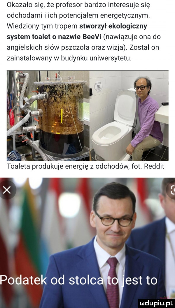 okazało się że profesor bardzo interesuje się odchodami i ich potencjalem energetycznym. wiedziony tym tropem stworzyl ekologiczny system toalet o nazwie beevi nawiązuje ona do angielskich sków pszczola oraz wizja. zostal on zainstalowany w budynku uniwersytetu. podatek od stolo est to