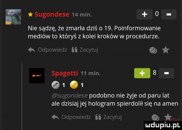 v sugondesemmin.   nie sądzę że zmarła dziś     p informowanie mediów to któryś z kolei kroków w procedurze.  x nin  x ii w   spagettinmm.   q    osobno nie żyje od paru lat ale dzisiaj jej hologram spierdolił się na amen ii zwm   h w