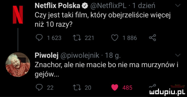 netflix polskao netﬂixpl   dzień czyjest taki ﬁlm który obejrzeliście więcej niż    razy                  a z piwolej plwolemlk    g znachor ale nie macie bo nie ma murzynów i gejów o q    a