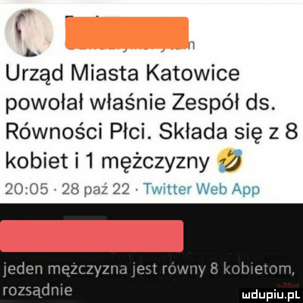 n urząd miasta katowice powołał właśnie zespół ds. równości płci. składa się z   kobiet i  mężczyzny             paź    twitter web aap jeden mezczyzn jest m v w e ałł var wn rozsądnie mam fl