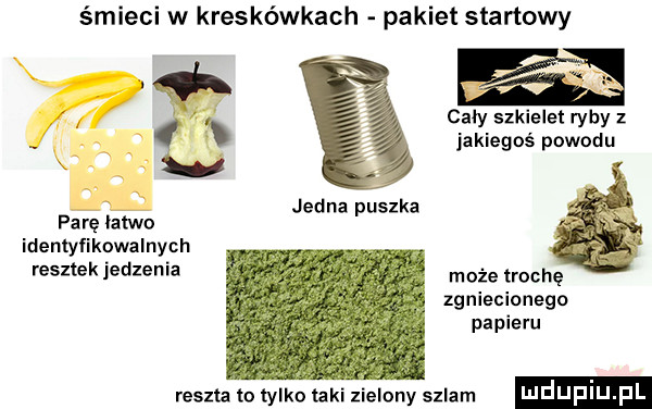 śmieci w kreskówkach pakiet startowy cały szkielet ryby z jakiegoś powodu jedna puszka parę latwo identyfikowalnych i resztek jedzenia może trochę zgniecionego papieru reszta lo tylko tekl zielony szlam