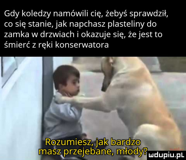 gdy koledzy namówili cię żebyś sprawdził co się stanie jak napchasz plasteliny do zamka w drzwiach i okazuje się ze jest to śmierć z ręki konserwatora rozumiesz jak bardzo mas zxpizejebane młody