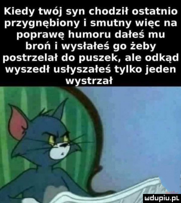 kiedy twój syn chodził ostatnio przygnębiony i smutny więc na poprawę humoru dałeś mu broń i wysłałeś go żeby postrzelał do puszek ale odkąd wyszedł usłyszałeś tylko jeden wystrzał