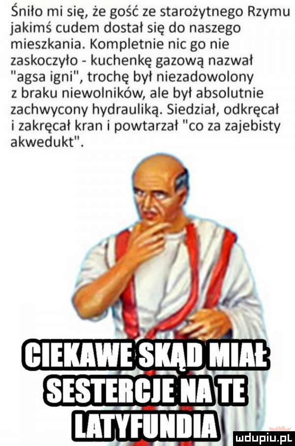 śnico mi się że gość ze starożytnego rzymu jakimś cudem dostał się do naszego mieszkania. kompletnie nic go nie zaskoczyło kuchenkę gazową nazwal ansa inni trochę byl niezadowolony z braku niewolników ale był absolutnie zachwycony hydrauliką. siedzial odkręcal i zakręcal kran i powtarzal co za zajebisty akwedukt