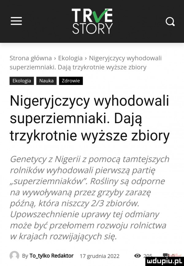 strona główna ekologia nigewjezyry wyhodowah superzwemmdki. dają trzykromie wyzsze zbiory nigeryjczycy wyhodowali superziemniaki. dają trzykrotnie wyższe zbiory genetycy z nigerii z pomocą tamtejszych roln kaw wchodowa i pierwszą partię superziemniakow ć roś my są odporne na wywoływane przez grzyby zarazę późną która niszczy     zbiorów. upowszechnienie uprawy tej odmiany moze być przełomem rozwoju rolnictwa w krajach rozwu ających się. by to tylko redaktor    grudnia      w