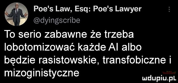 i poe s law esq poe s lawyer dyingscribe to serio zabawne że trzeba iobotomizować każde ai albo będzie rasistowskie transfobiczne i mizoginistyczne mmpm fl