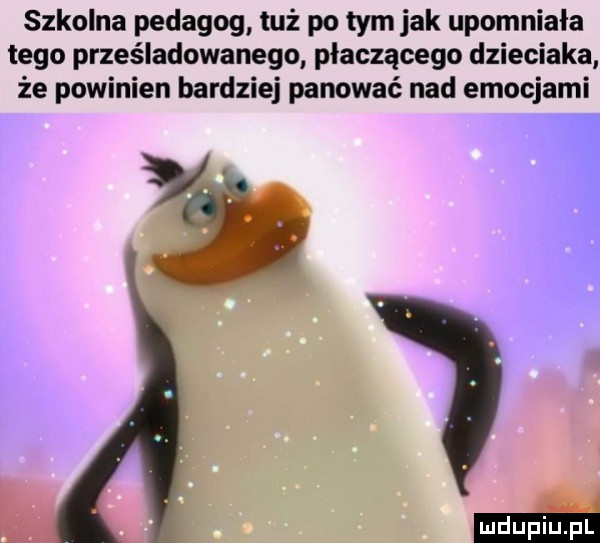 szkolna pedagog tuż po tym jak upomniała tego prześladowanego płaczącego dzieciaka że powinien bardziej panować nad emocjami