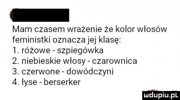 mam czasem wrażenie że kolor włosów feministki oznaczanej klasę   różowe szpiegówka  . niebieskie włosy czarownica  . czerwone dowódczyni  . łyse berserker