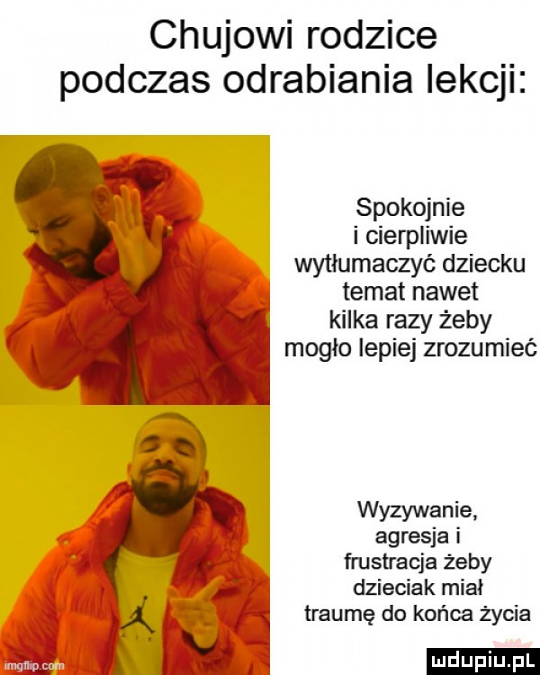 chujowi rodzice podczas odrabiania lekcji spokojnie i cierpliwie wytłumaczyć dziecku temat nawet. kilka razy żeby mogło lepiej zrozumieć wyzywanie agresja i frustracja żeby dzieciak miał traumę do końca życia ludu iu. l